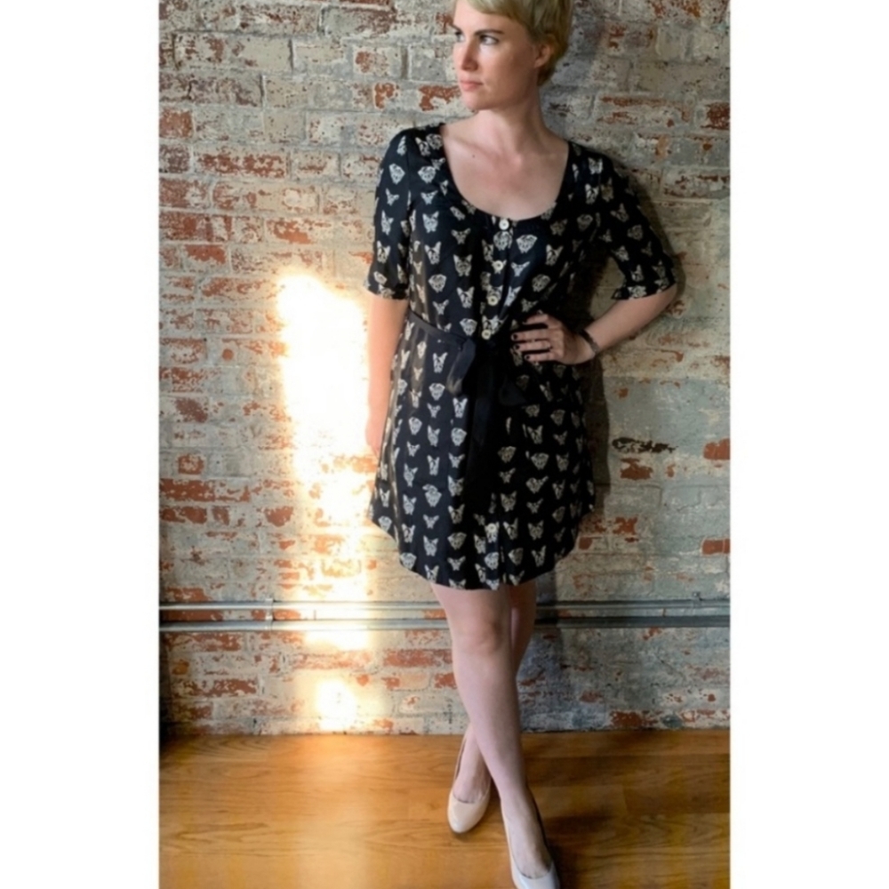 Like New Anthropologie Maeve Silk Dog Print Dress Pug/Frenchie/Yorkie/Chihuahua